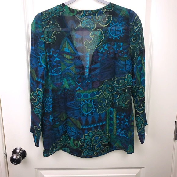 Chico’s V Neck Sheer Popover Blouse Blue Green S - Picture 6 of 13